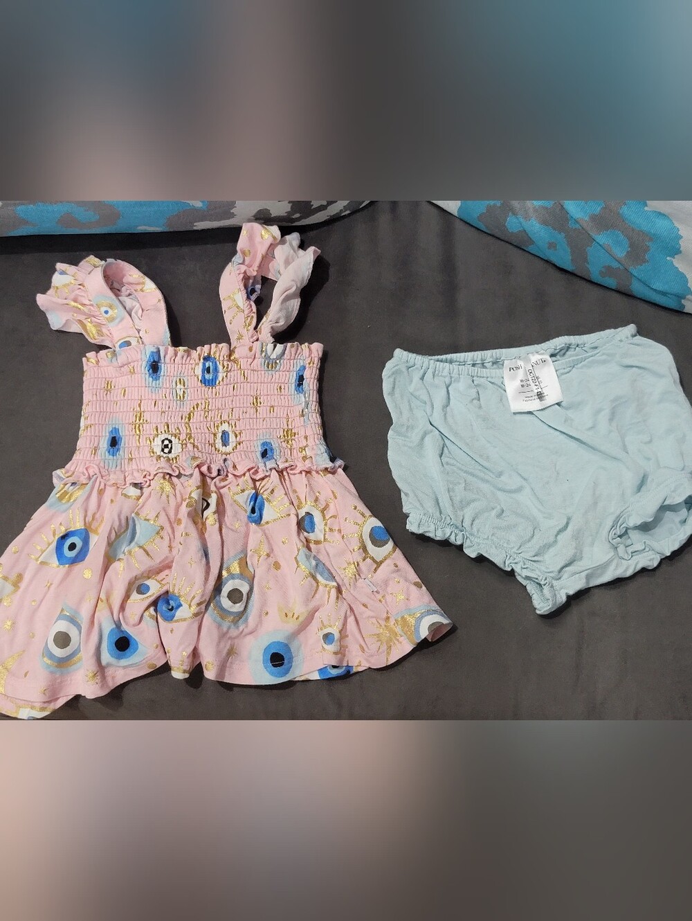 Posh Peanut Pink Eyelet Print Smocked Dress with Light Blue Bloomers